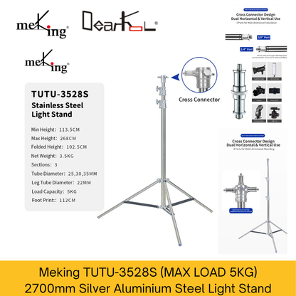 TUTU-3528S Silver Steel Light Stand, 2700mm, Max Load 5Kg