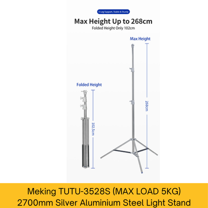 TUTU-3528S Silver Steel Light Stand, 2700mm, Max Load 5Kg