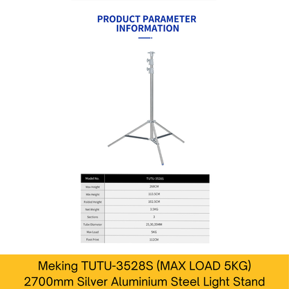 TUTU-3528S Silver Steel Light Stand, 2700mm, Max Load 5Kg